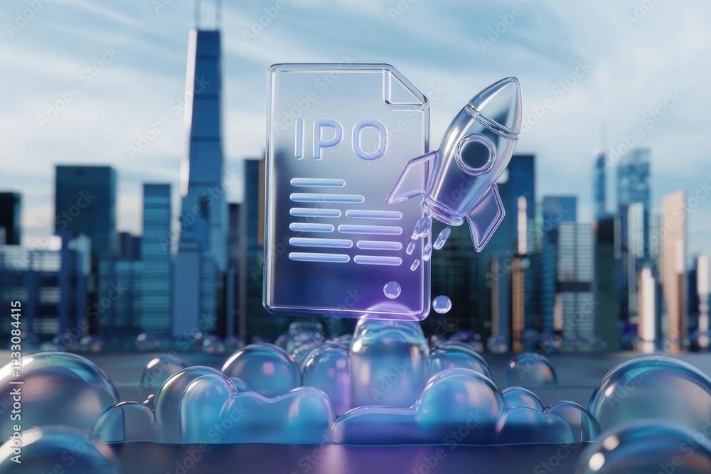 Poster ipo launch: a rocket-propelled document soaring above a city skyline, symbolizing a successful initi