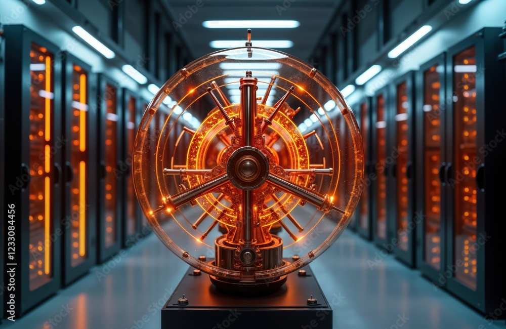 Poster futuristic quantum computer design in server room. complex tech design glows with warm orange light.