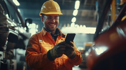 Worker in safety gear using smartphone in automotive workshop, connecting with team for updates on vehicle repairs and maintenance tasks in industrial setting.