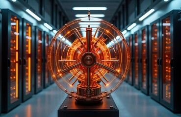 Futuristic quantum computer design in server room. Complex tech design glows with warm orange light. Modern tech innovation. Advanced computer model. Intricate engineering. Cutting edge tech.
