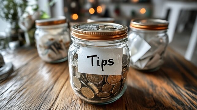 Glass jar labeled Tips on wooden counter with blurred coins in the background