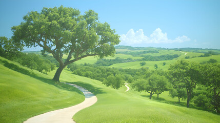Winding path through idyllic green hills, sunny day.  Landscaping poster