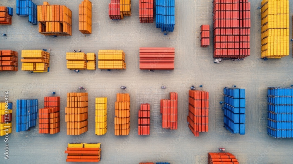 Poster aerial view of colorful shipping containers stacked in rows at a busy port facility in an urban sett