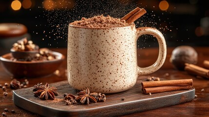 Cocoa dusting mug with spices on wooden board, festive lights background