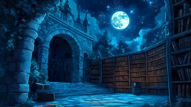 Enchanted night library with moonlit sky and ancient stone architecture. Stellar Arch. Illustration
