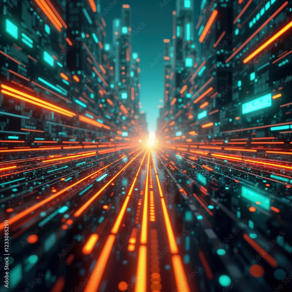 Poster abstract futuristic city street shows rapid data flow. modern tech network creates pathway. automate