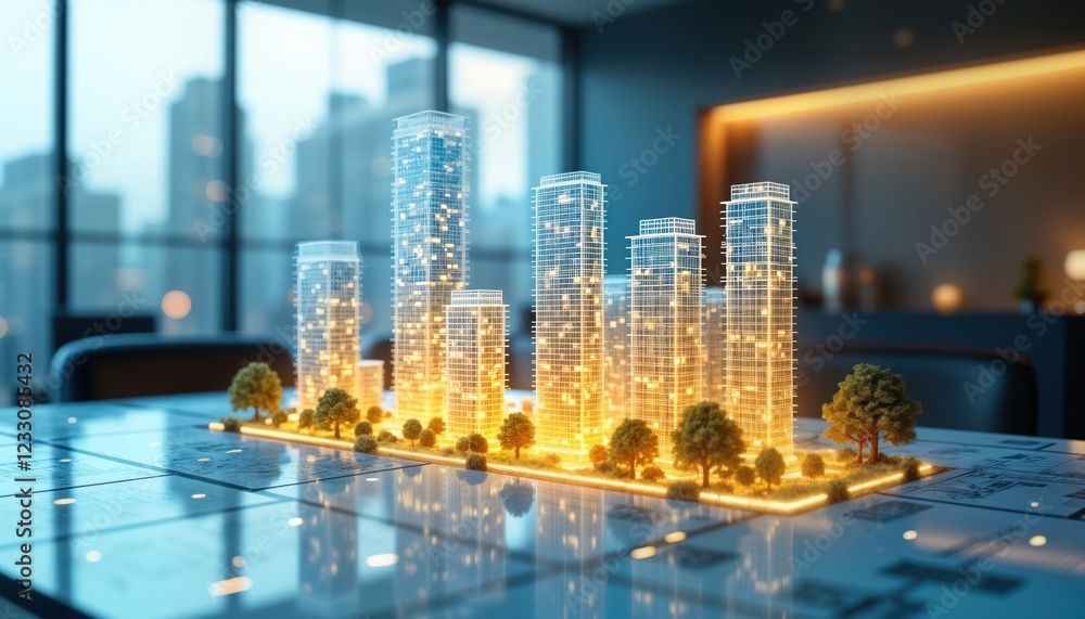 Poster Virtual hologram of city project displayed on table in modern office. 3D blueprints of skyscrapers glow with illuminated light design. Trees, road also visible in model. Scene presentation of real