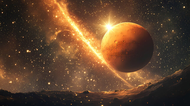 Mars with a bright galaxy arching overhead, stars creating a cosmic halo effect mars stars galaxy, celestial halo. Stellar Arch. Illustration