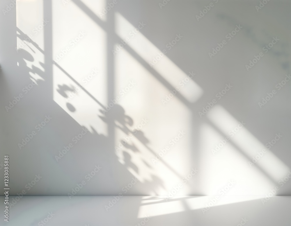 Poster abstract photo of sunlight dappled shadows on white wall. sunlight filters through foliage creating 