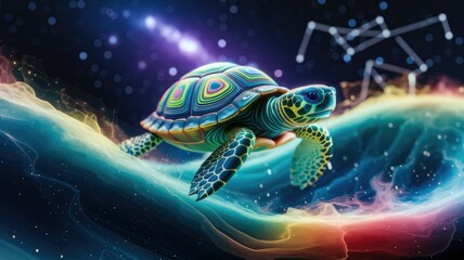 A vibrant, colorful turtle gracefully swims through a cosmic, dreamlike nebula.