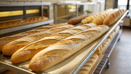  Freshly baked baguettes on bakery rack