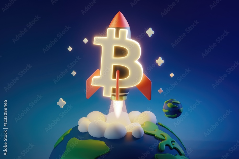 Aufkleber bitcoin cryptocurrency launching into space, symbolizing growth and expansion in the digital financi