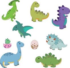 Naklejka premium Set of cute dinosaurs. White background, isolated. Vector illustration. Flat style.