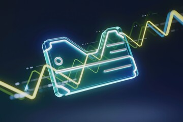 Glowing digital file icon with dynamic graph lines illustrating data growth and progress.