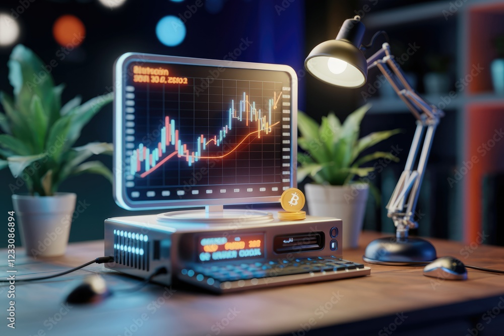 Poster Bitcoin price chart displayed on a retro computer, showing upward trend and cryptocurrency investment.