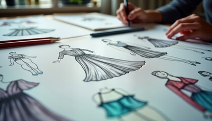 Fashion designer creates new dresses. Detailed sketches of clothing designs on paper. Several drawings show different dress styles, details. Tools like pens, pencils visible. Creative process in