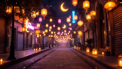 Night Street Scene with Lanterns and Moons