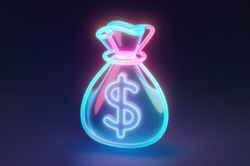 Neon glowing money bag with dollar sign, symbolizing wealth and finance.