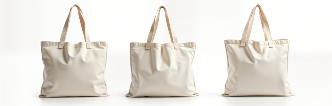 Three blank eco-friendly canvas tote bags displayed on white background. Cream-colored, feature sturdy handles. Bags modern reusable shopping bags made from eco-recycled cloth. Ready for branding