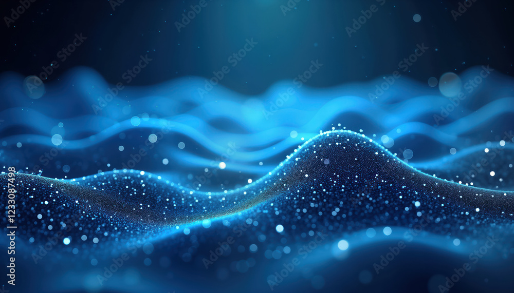 Poster abstract blue tech background shows dynamic waves, network connections. flowing lines, particles for