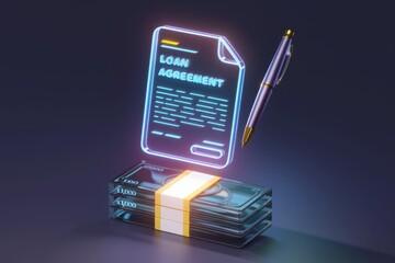 Loan agreement document with pen and money stack signifying financial borrowing.