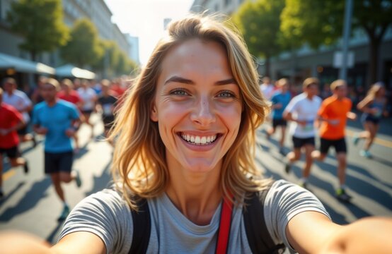 Happy woman takes selfie at marathon. Runners run on city street. Event outdoors. Lots of people in crowd. Woman smiling. Energetic atmosphere. Joyful moment. Achievement. Woman in sportswear.