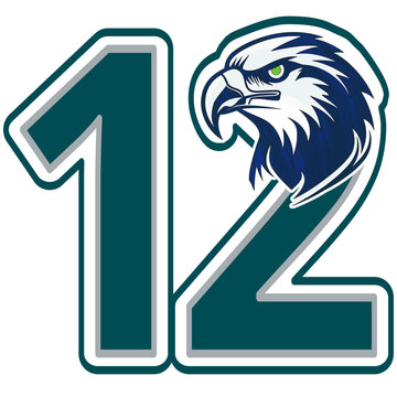 Numero 12 con aquila in argento e verde notte. Design vettoriale calcistico deciso con tipografia graffiti, stile street art, illustrazione sportiva multicolore per amanti dell&rsquo;arte moderna.