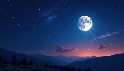 A vast, starry night sky with a bright full moon and constellation details, galaxy, moon