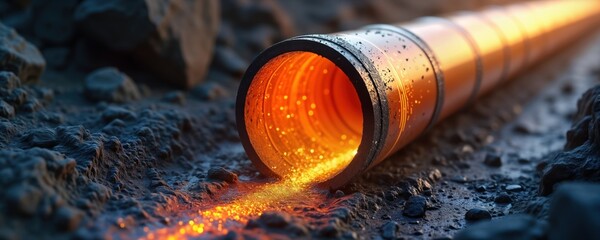 Underground pipe relining process. Liner curing with bright resin texture. Expert plumbing maintenance. Realistic depth lighting shows underground infrastructure repair. Innovative waterproofing