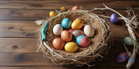 Fototapeta premium Colorful Easter eggs placed in a nest made of dried hay on a rustic wooden background, eggs, nesting