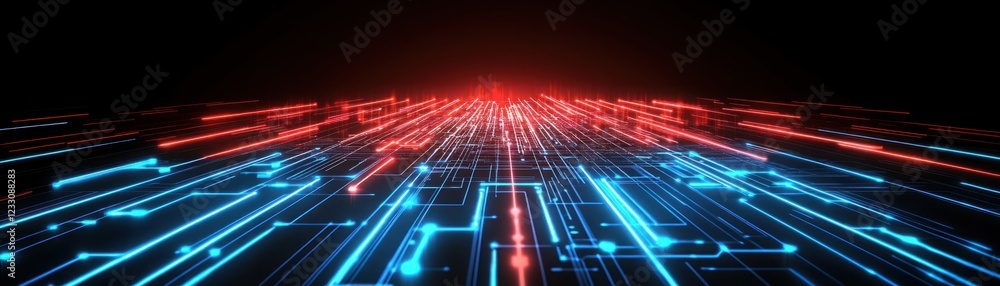 Poster futuristic digital landscape with glowing blue and red lines representing technology, innovation, an