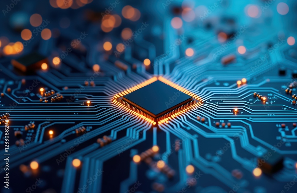 Poster close-up view of circuit board with central processor chip. bright orange lights highlight intricate