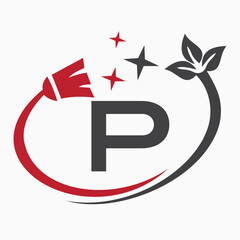 Monogram Letter P Clean Symbol Concept With Cleaning Brush Icon Vector Template