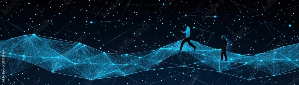 Poster two people walking on abstract digital landscape with connected dots and lines representing network 