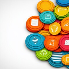 Colorful icons arranged in circular shapes representing various digital concepts and technologies for modern communication and networking solutions