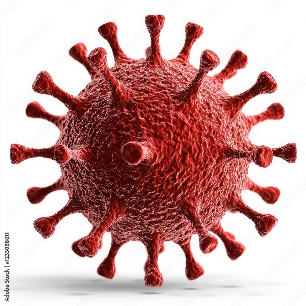 Poster realistic depiction of a red virus particle showcasing intricate surface details in a scientific env