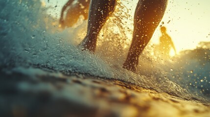 Detailed view of surfboard underside with water splashing off fins during surfing session