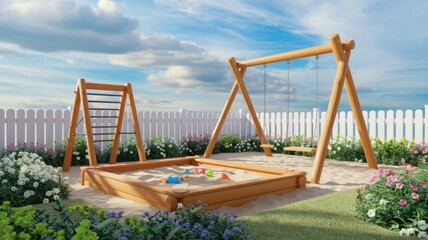 A charming backyard play area featuring a sandbox, swing set, and climbing frame, surrounded by blooming flowers and a white picket fence.