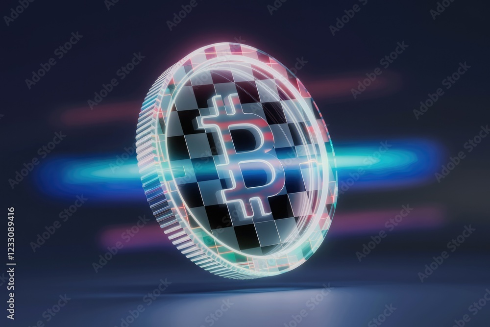 Poster A futuristic Bitcoin coin with a checkered pattern, glowing with neon light.