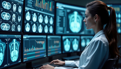 Doctor examines medical images on multiple screens. AI tech supports diagnosis process. Healthcare pro analyzes scans. Advanced tech used in radiology. Modern medical workplace. Medical tech analysis.