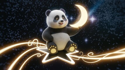 Fototapeta premium Adorable panda bear sitting on a glowing star, holding a crescent moon, in a starry night sky.