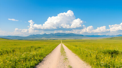 Fototapeta premium Country road leading to mountains under blue sky (1)