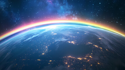 Fototapeta premium Celestial rainbow arching over earth's night lights a stunning digital art creation. Stellar Arch. Illustration