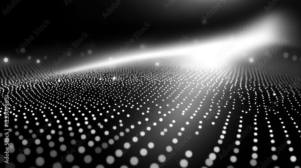 Poster abstract grayscale digital wave with glowing particles.