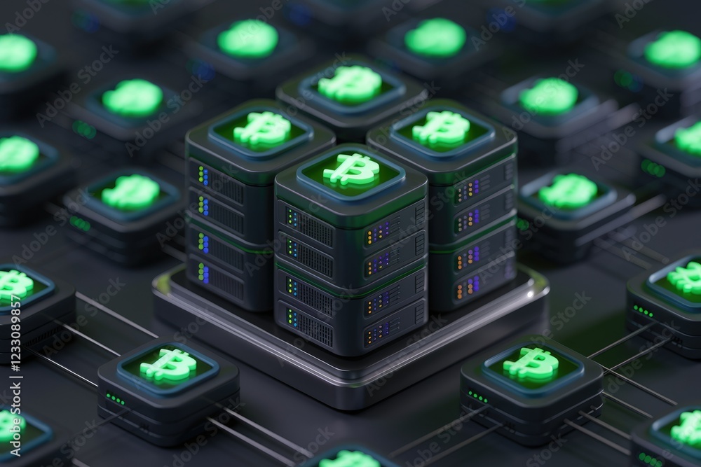 Fototapete Bitcoin mining network visualized as interconnected servers with glowing Bitcoin symbols, representing blockchain technology.