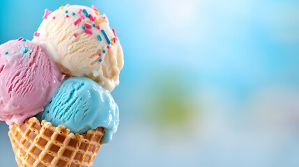 Three-scoop ice cream cone, summer background