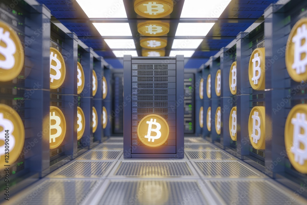 Poster Bitcoin mining data center: rows of servers with glowing Bitcoin logos.