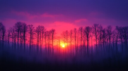 Misty forest sunrise, vibrant sunset sky, nature scene, calm background, desktop wallpaper