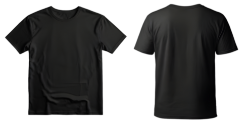 Black t-shirt mockup showing front and back views of a black t-shirt total both side view mockup, isolated on a transparent PNG background.