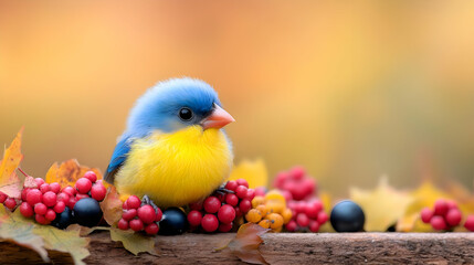 Cute blue yellow bird autumn berries leaves